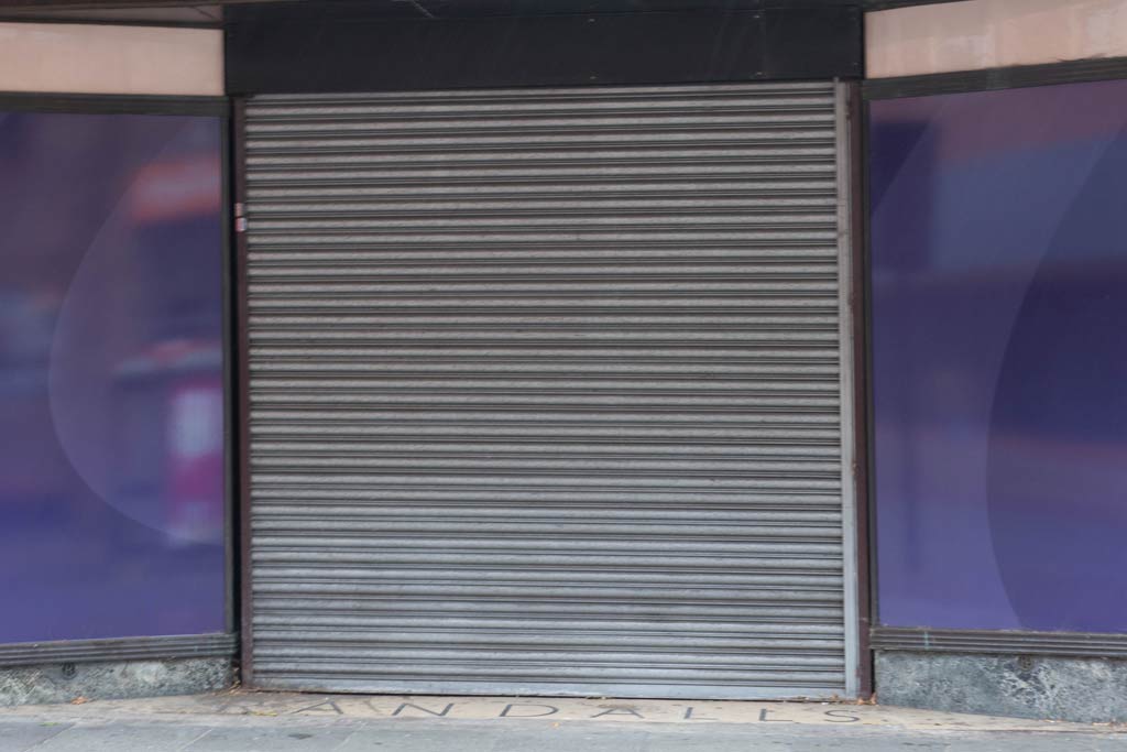 A shuttered entrance to Randalls, Vine Street, Uxbridge