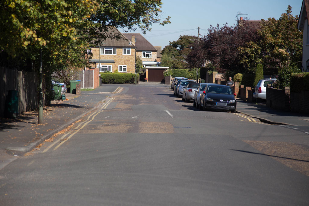 Churchfield Road towards Sidney Road in Walton-on-Thames, Surrey.