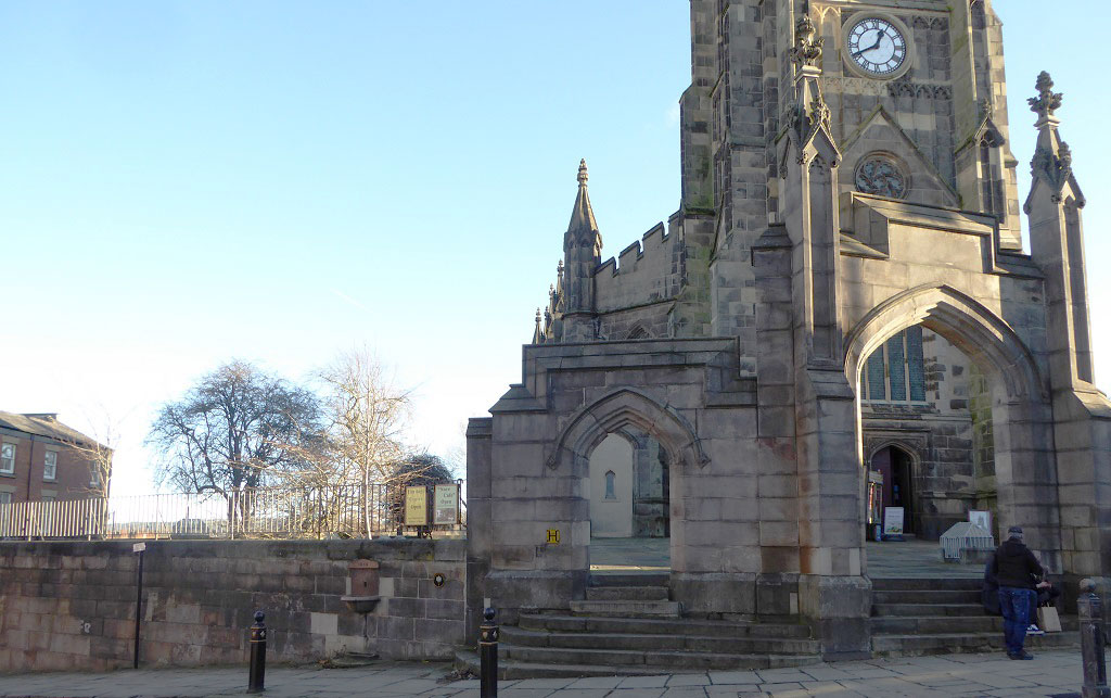 The church and churchyard of St. Mary's in Market Place, Stockport