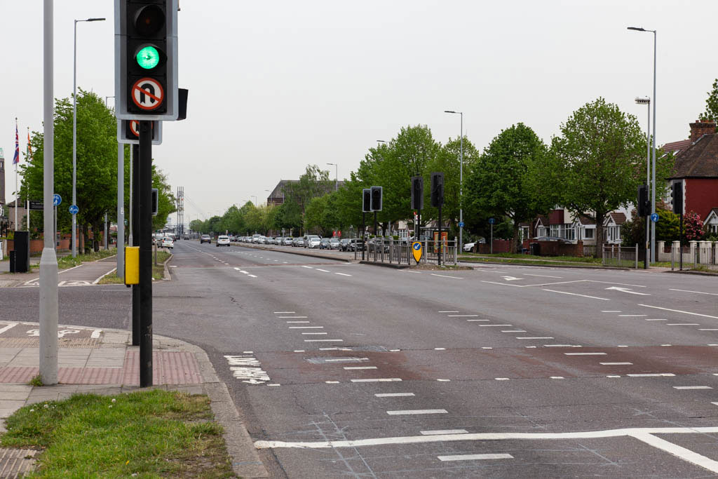 Great West Road with Wood Lane crossing at the lights.