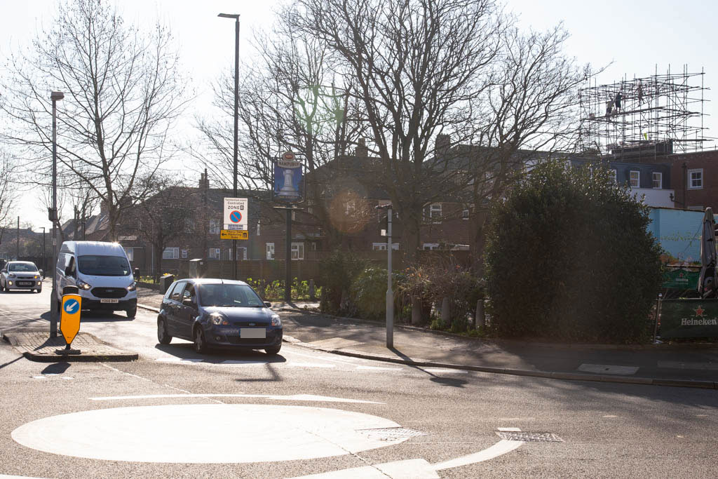the corner of South Street and Richmond Road with the Castle Inn's sign and houses on Magdala Road in the background.