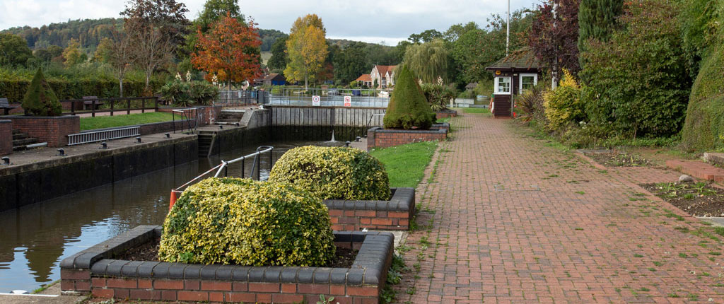 Hambleden Weir in Berkshire with Hambleden Mill in the right of centre background.