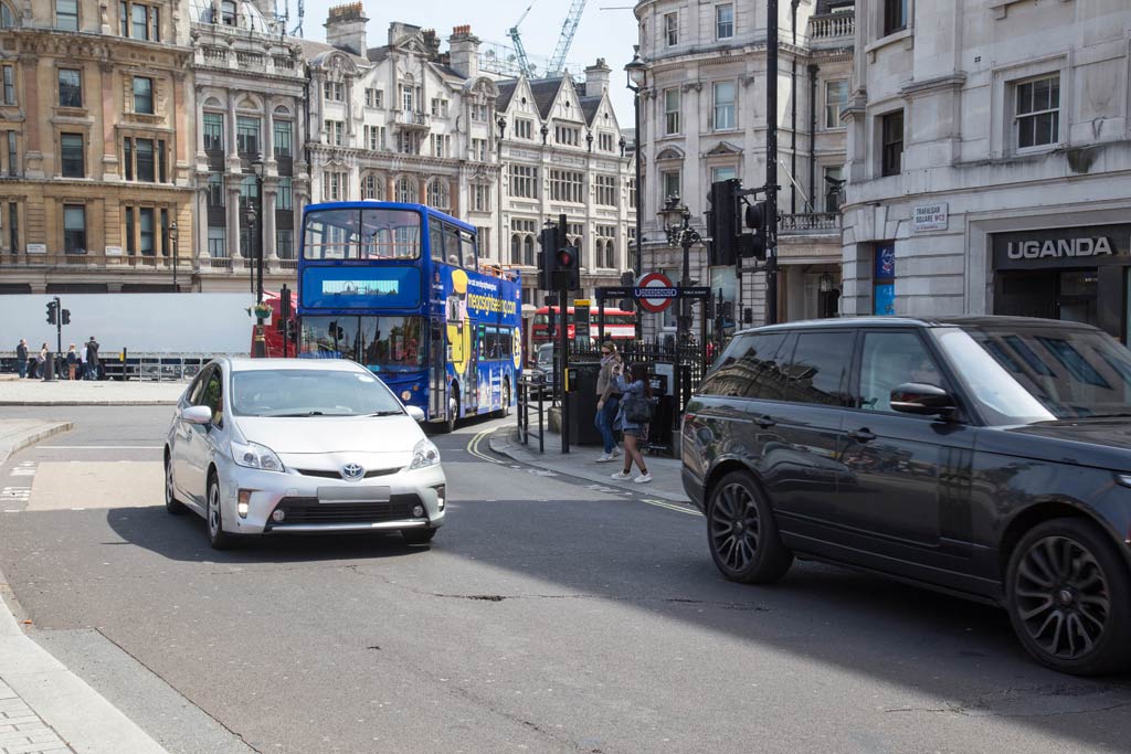 Trafalgar Square looking over traffic to Whitehall.