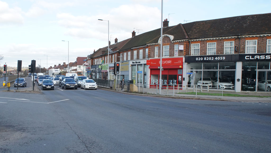 Watford Way, London NW4 at the junction with Greyhound Hill.