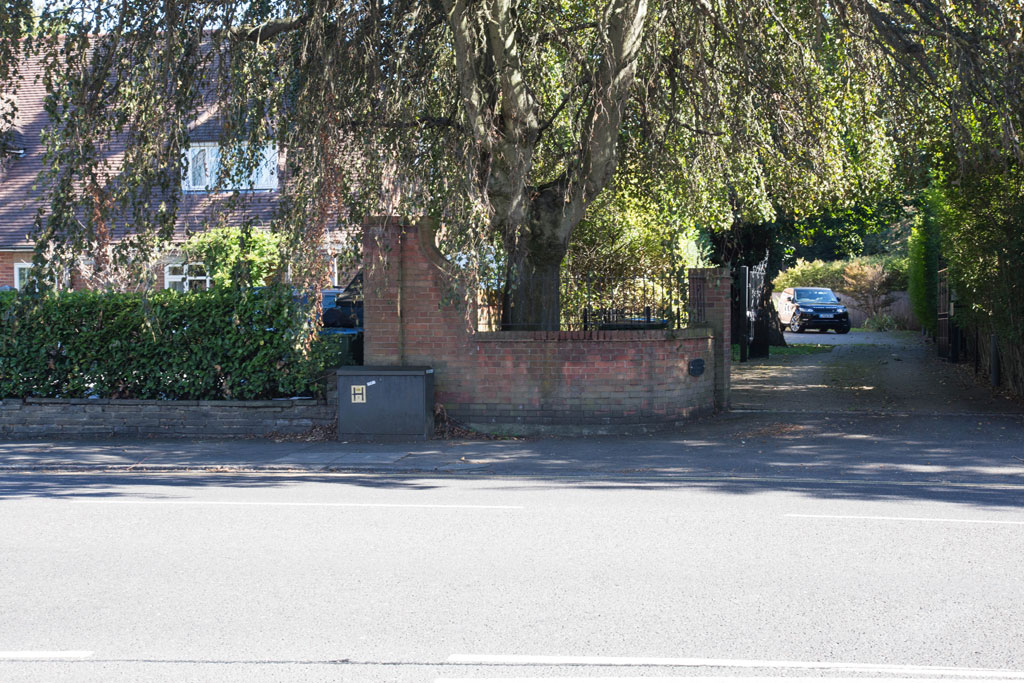 The view across the road from the path of 8 Oatlands Drive, Walton-on-Thames.