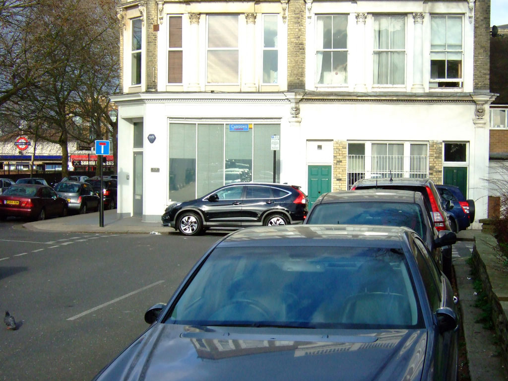 Baron’s Court Road towards buildings on Challoner Street, West Kensington.