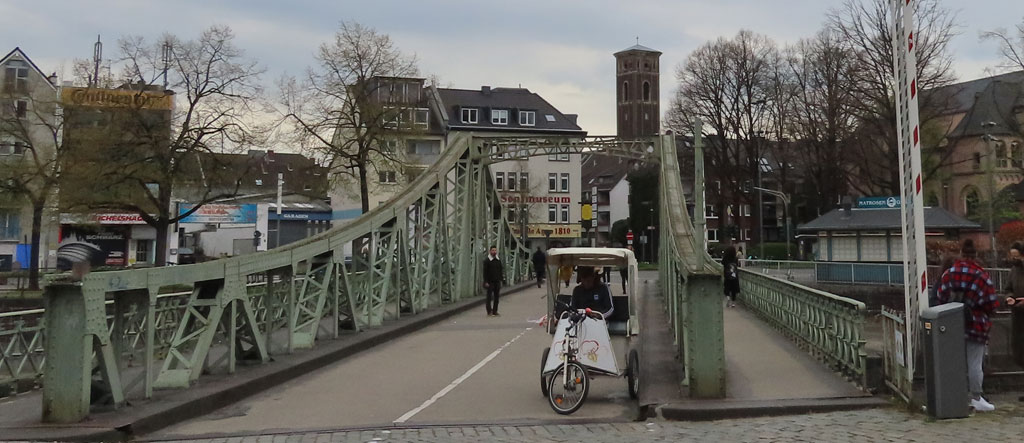 Malakoff Tower. The swing bridge dates from 1896 and is the oldest Rhine River bridge in Köln.