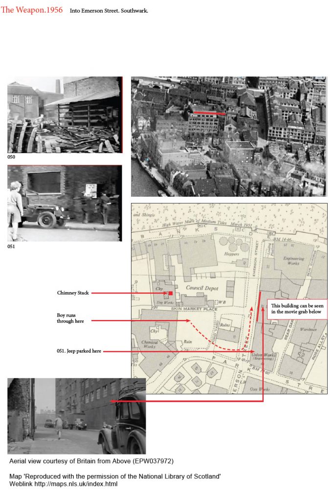 Screen captures, map extract and aerial view to support location identification of images 50 and 51 of the the film The Weapon