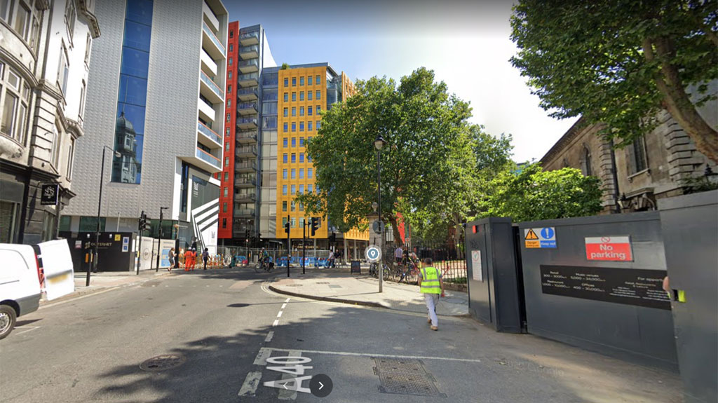 Denmark Street, London WC2 looking across to St Giles and Centre Point