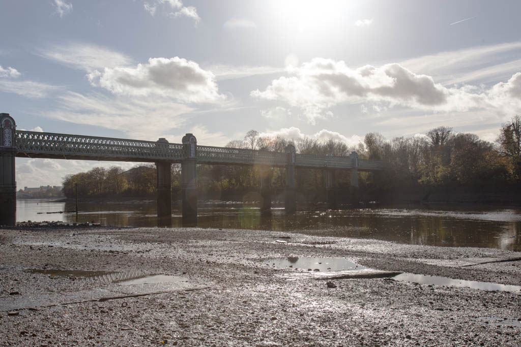 The River Thames with Fulham Railway Bridge crossing in the background.