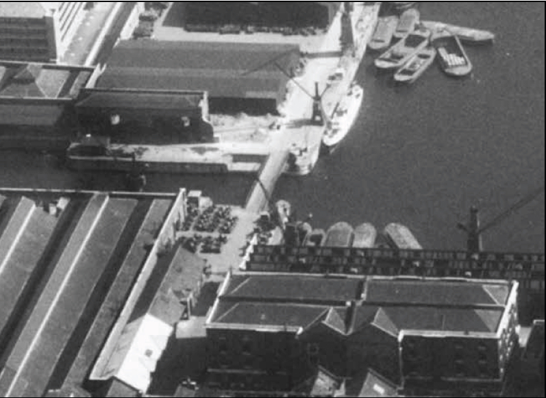 Aerial view of London Docks showing entrance, courtesy of Britain from Above