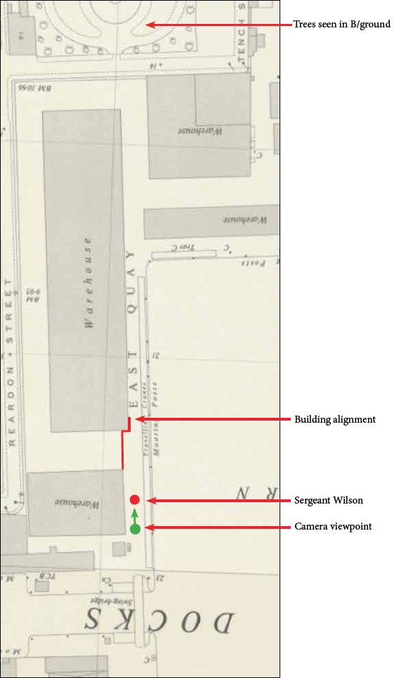 Map extract showing filming and character location at docks