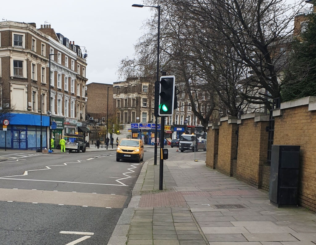 Harrow Road with Marylands Road off to the immediate left.