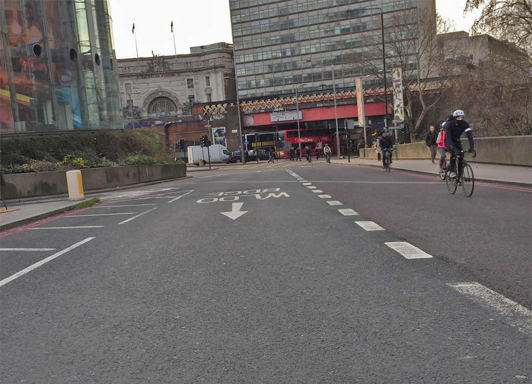Waterloo Bridge roundabout with the railway viaduct that leads to Hungerford Bridge.