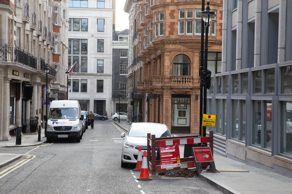 Bury Street SW1 facing the corner of Ryder Street with King Street in the distance.