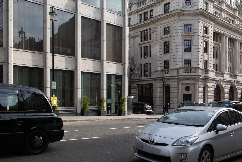 Outside Brooks's Club on St. James's Street with the corner of Ryder Street in the background.