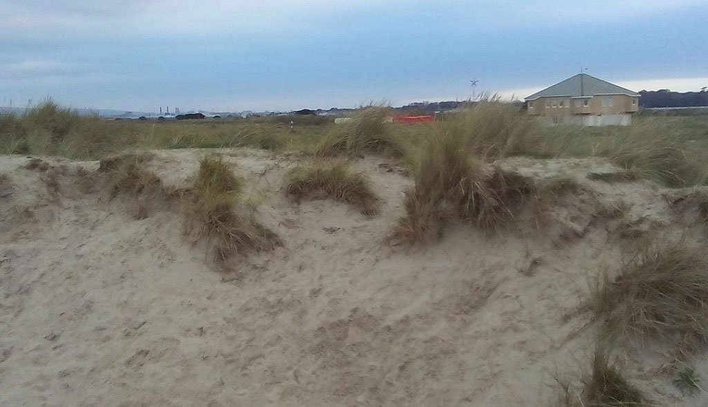 The dunes overlooking Dollymount Strand on Bull Island with the North Bull Island Interprative Centre in the right.