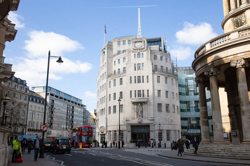 BBC’s Broadcasting House at the junction of Portland Place, All Souls Place and Langham Place in W1.