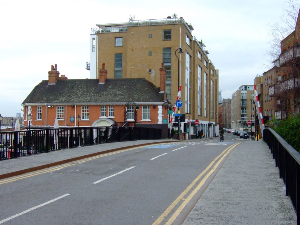 Looking west on Narrow Street E14 from the swing bridge over the entrance to the Regent’s Canal Dock