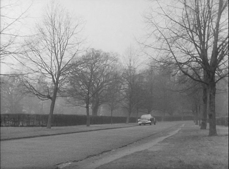 A car approaching camera down a tree lined lane in winter time.