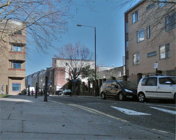 Old Montague Street, London E1 looking eastward. Casson Street off to the left and Greatorex Street off to the right in the distance