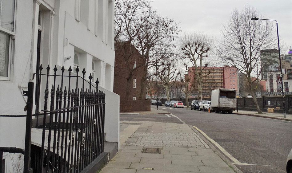 On the corner of Mornington Place outside the former pub, now residential