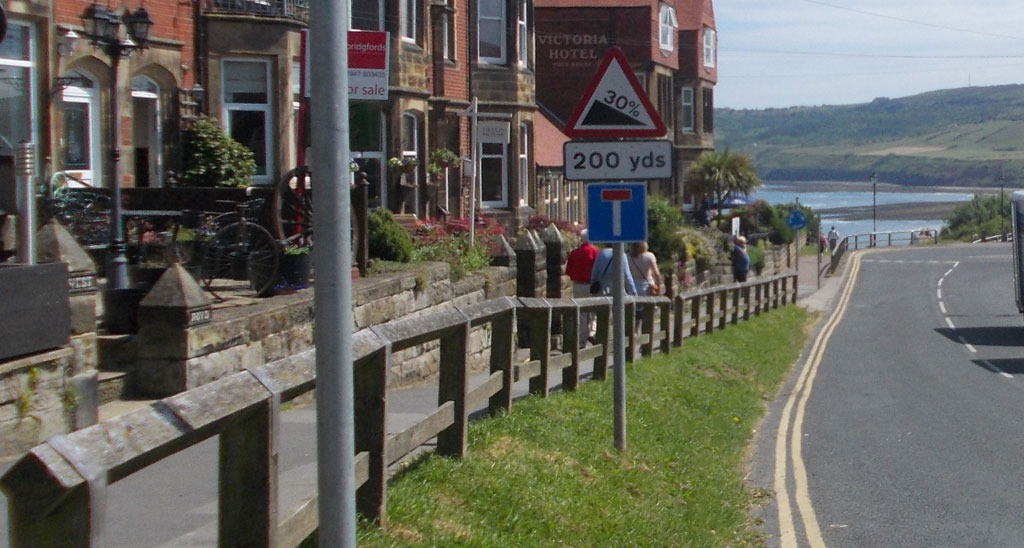 Facing south on Station Road in Robin Hood's Bay, North Yorkshire.