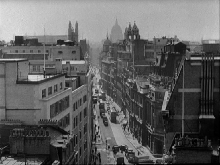 outside Lloyds Building, London, looking down Leadenhall Street towards St Paul's in the distance. Circa 1957