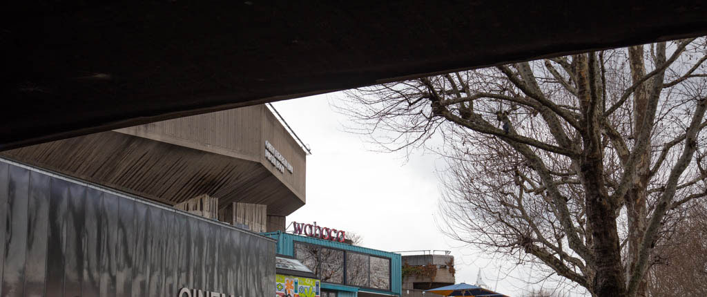 Outside the National Film Theatre beneath Waterloo Bridge.
