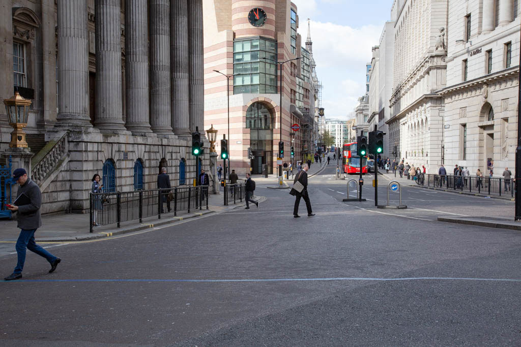 Bank, London EC3 looking up Cheapside with Mansion House extreme left.