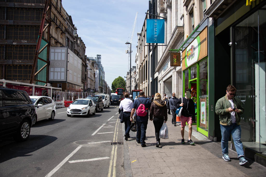 Looking west along Oxford Street, with No 8 immediately to the right.