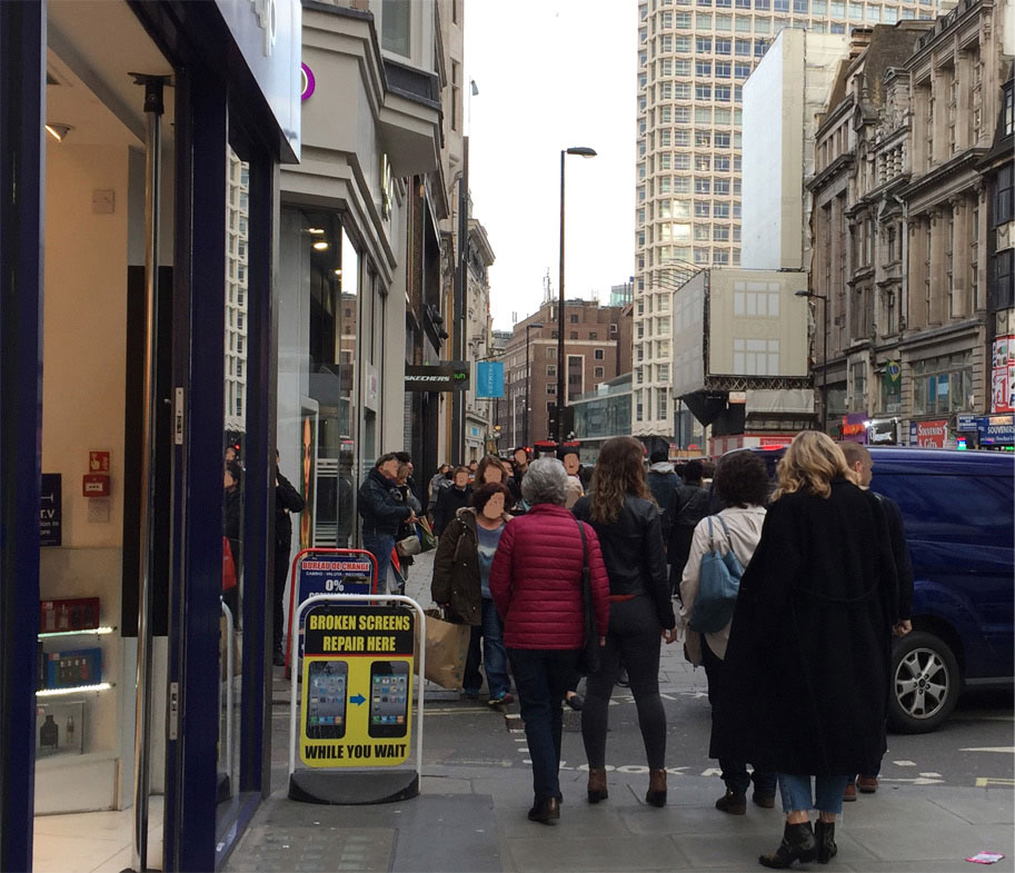 Oxford Street, London W1 looking east at the junction with Hanway Street