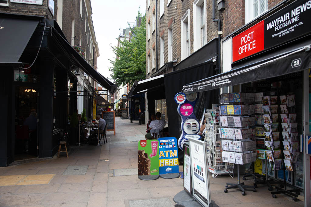 Looking west along Shepherd Market towards Hertford Street