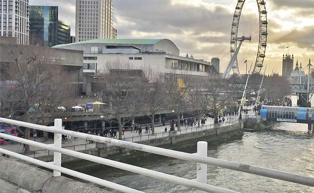 Waterloo Bridge with the Royal Festival Hall building in the background.