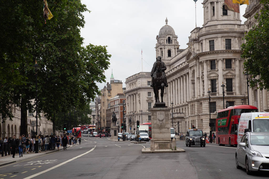Whitehall looking towards Trafalgar Square and Nelson on his column and the statue of Earl Haig on horseback.