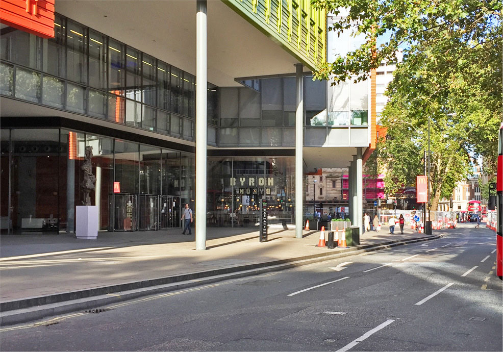 St. Giles High Street, looking east towards the Shaftesbury Theatre.