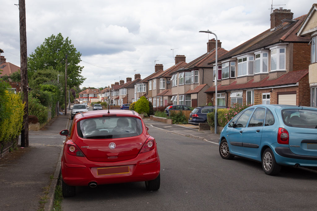 Courtfield Gardens into Cranley Drive, Ruislip.
