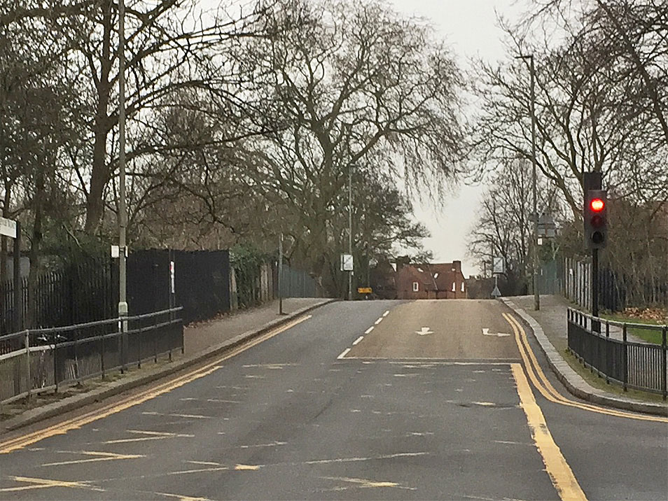 Bellevue Road SW17 and the bridge over the railway, with St James' Drive to the right