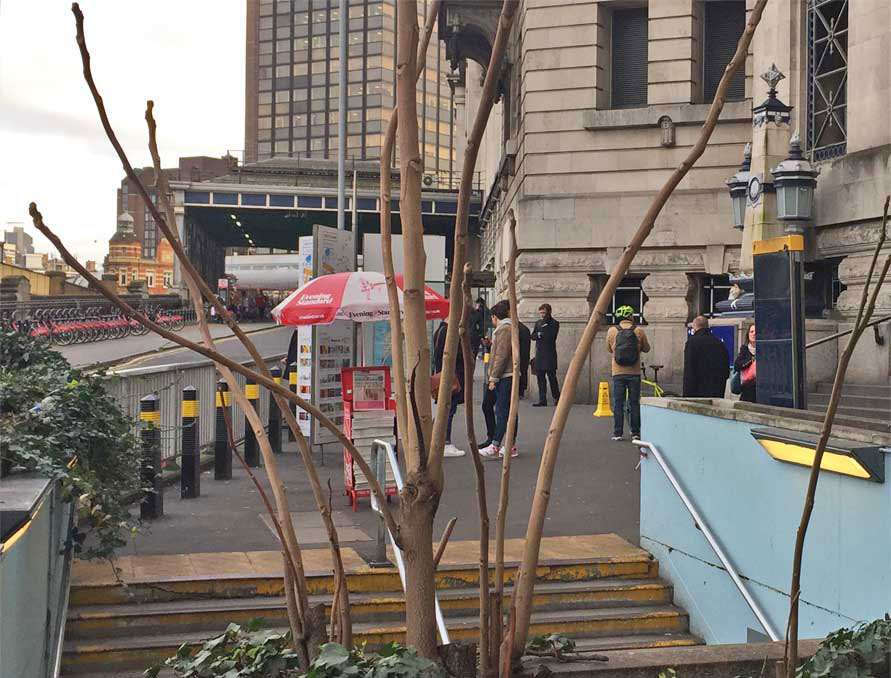 Facing eastward on Waterloo station’s cab road in SE1.
