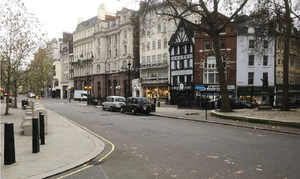 Facing east along Strand with the entrance to Deveraux Court