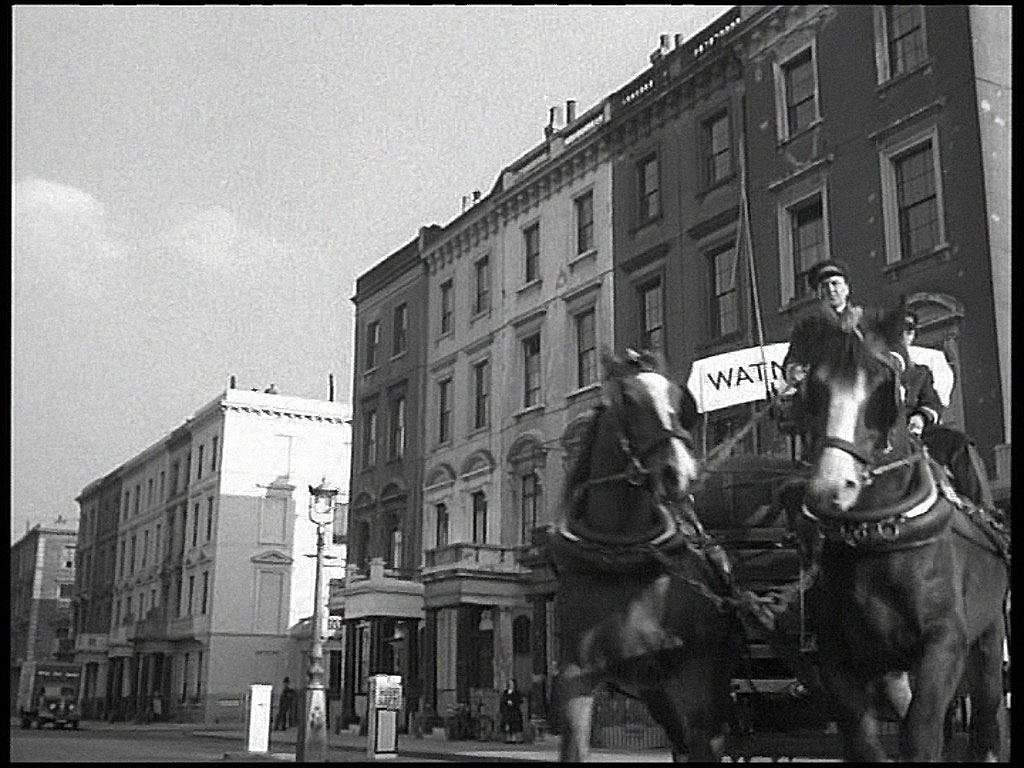 Lupus Street with what was Colchester Street and then Cornwall Street off to the right, now both absorbed into the Pimlico Library. Circa 1952