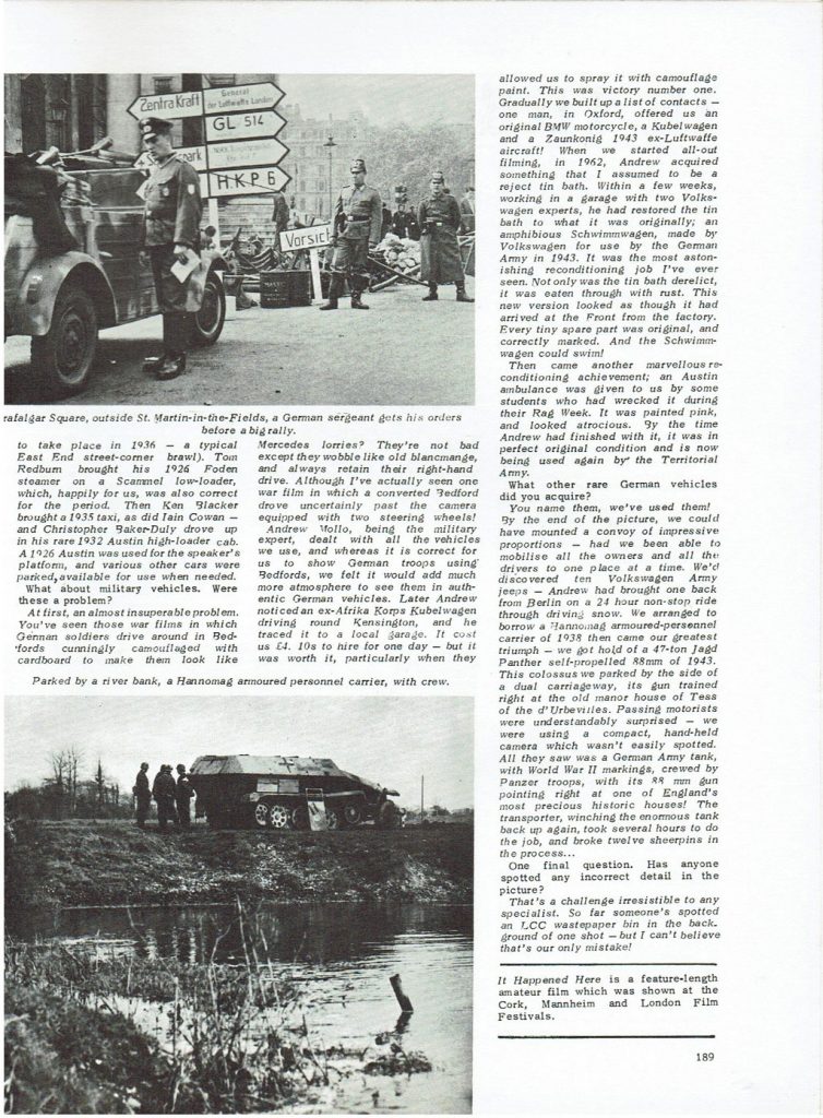 Old Motor and Vintage Commercial Magazine extract fromDecember 1964 regarding the film It Happened Here