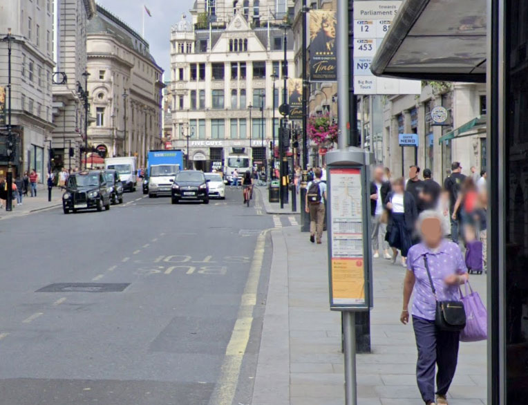 Orange Street WC2 along Haymarket towards Coventry Street.