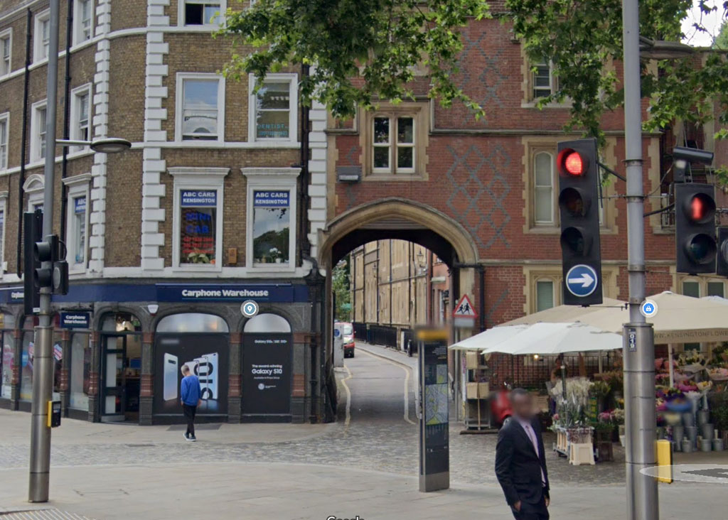 Kensington High Street and the entrance to Kensington Church Court.