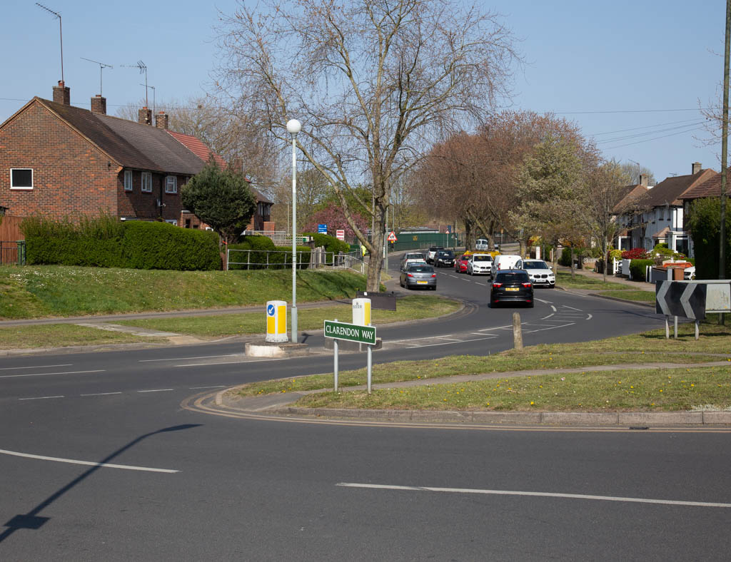 The junction of Lessons Hill, Clarendon Way and Sayes Court Road in Orpington
