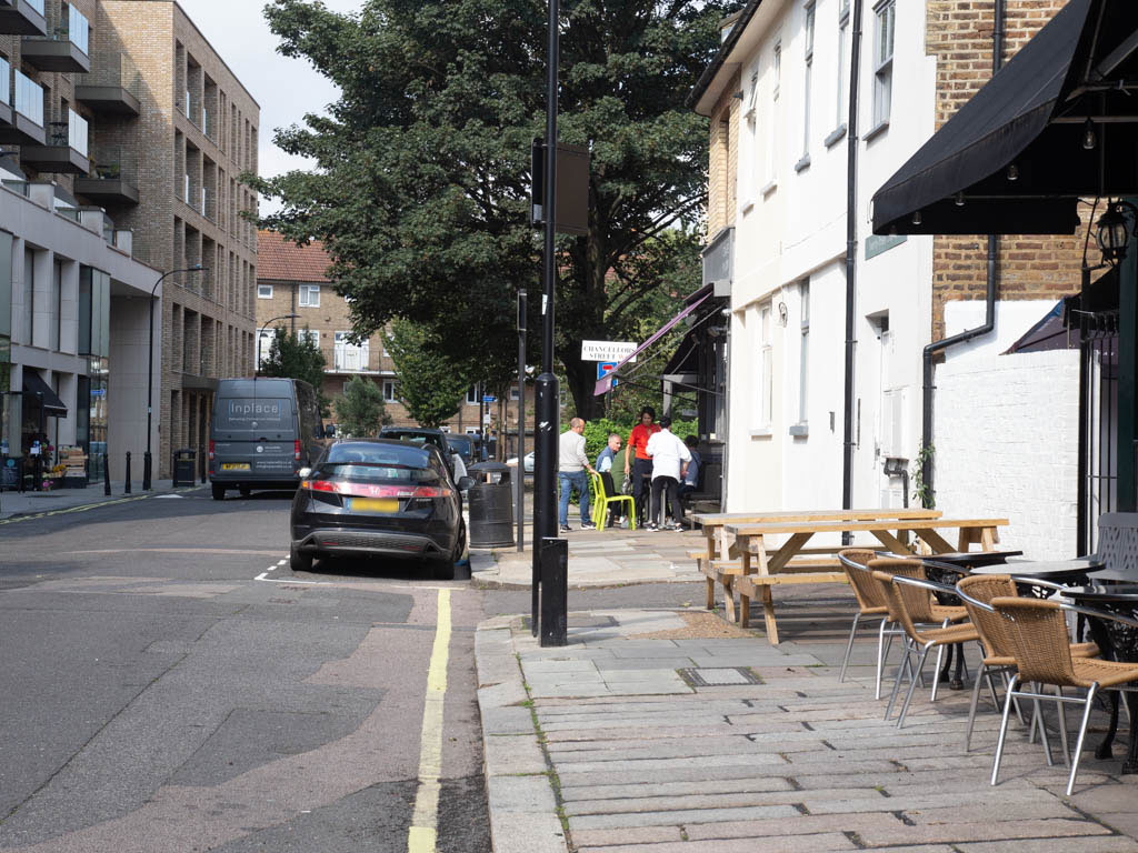 Facing north-west on Crisp Road W6 outside The Chancellor’s public house, almost opposite Riverside Studios.