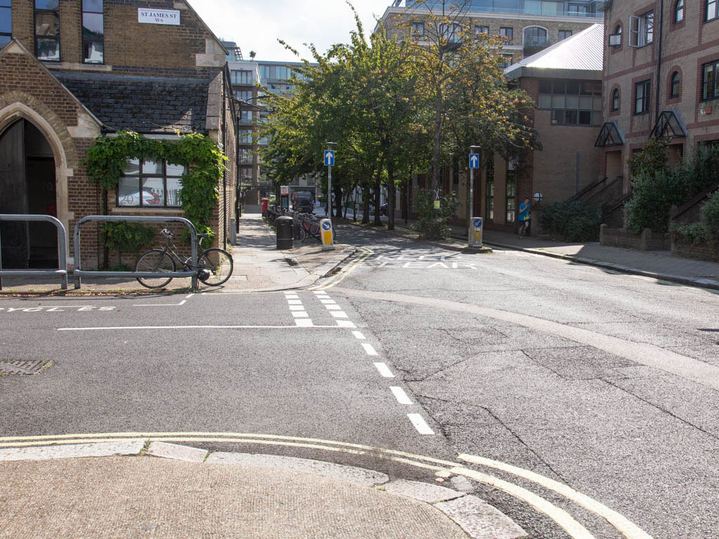 Facing south-east along Crisp Road with the former St. Mark’s Mission church at the corner of St. James Street