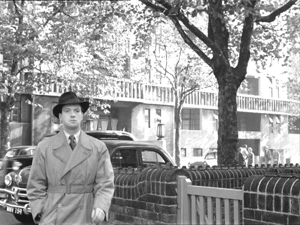 From the corner of Whitehead’s Grove with Sloane Avenue Mansions, Sloane Avenue, London SW3 behind Circa 1956
