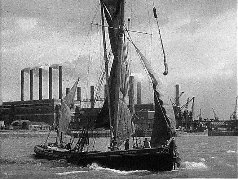Sailing barge and Barking Power Station, Creekmouth, Essex Circa 1942