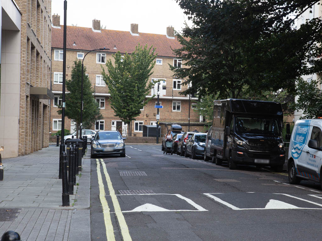 Looking along Crisp Road Queen Caroline Street in Hammersmith W6.